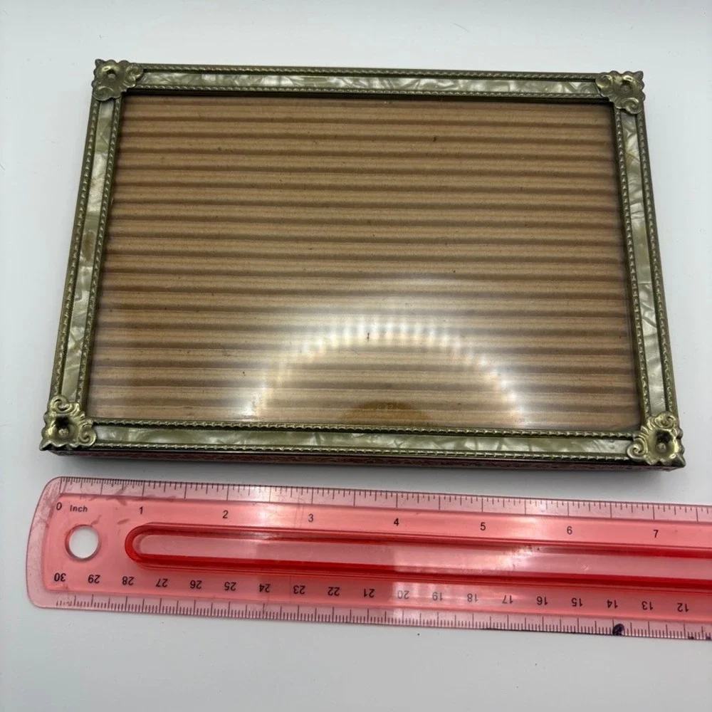 Vintage Ornate Brass Mother of Pearl Inlay Picture Frame Floral Filigree 5.5x7.5